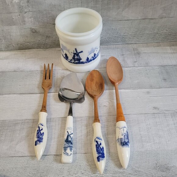 Vintage Delft Dutch Windmill Utensil Set With Ceramic Holder - Picture 12 of 16